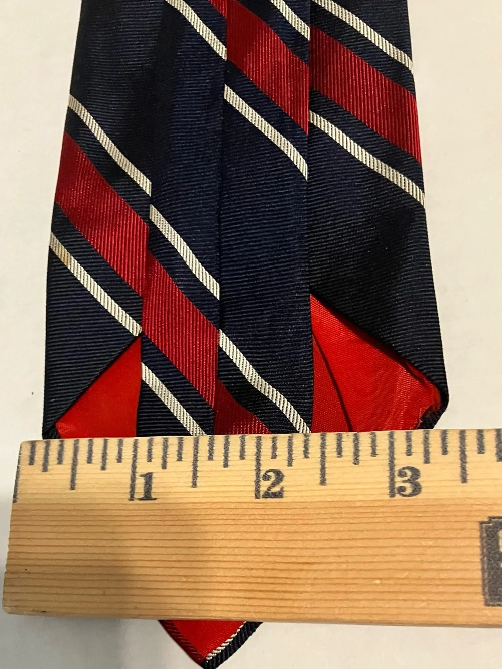 Navy Tie with Red and Cream Diagonal Stripes
